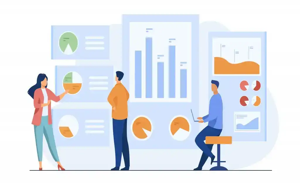 Office workers analyzing and researching business data vector illustration. Marketing analysts developing strategy. Business people studying infographics and diagrams on dashboard (c) freepik